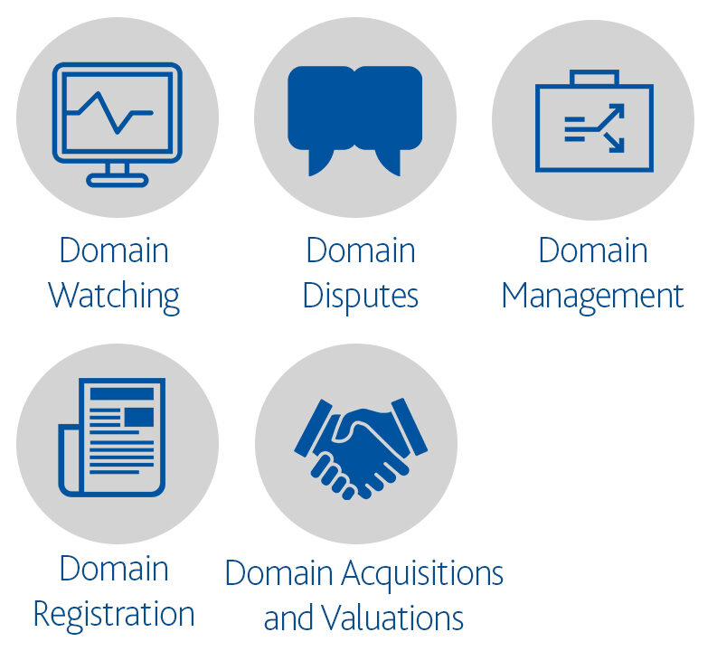 5 icons, one of Domain Watching, one of Domain Disputes, one of Domain Management, one of Domain Registration, and one of Domain Acquisitions and Valuations